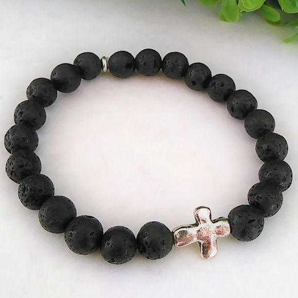 New Mens Black Lava Rock Beaded Bracelet - Picture 5 of 6